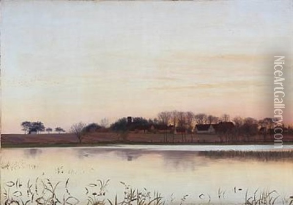 Sunset Above A Danish Village Oil Painting - Adolf Alfred Larsen