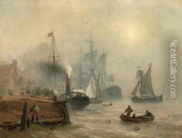A Moored Steamer At A Busy Quay Oil Painting - Andreas Achenbach