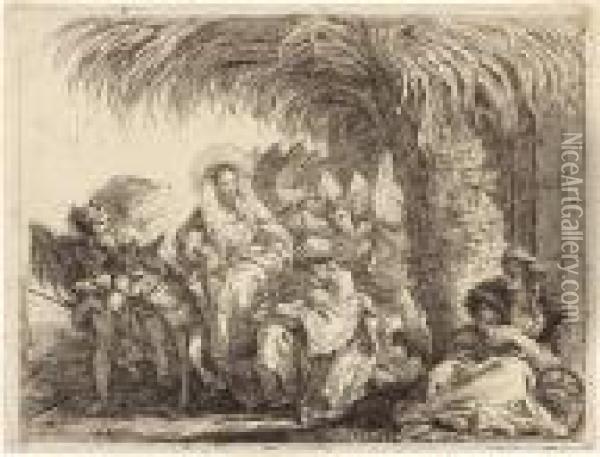 Maria Sul Asino Parla Con Giuseppe Seduto Sotto Una Palma Oil Painting - Giovanni Domenico Tiepolo