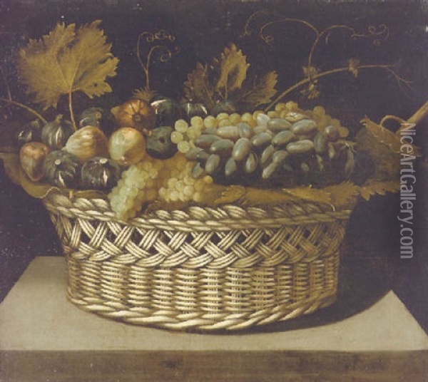 Figs And Grapes In A Basket On A Stone Plinth Oil Painting - Juan Van Der Hamen Y Leon