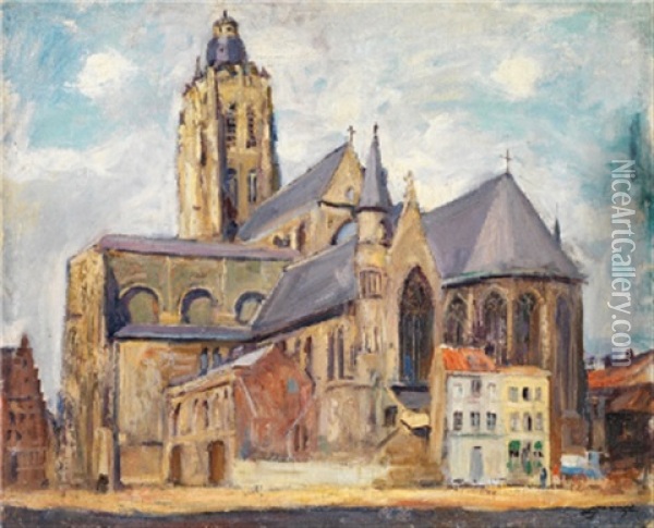 Vue De L'eglise De Sainte-walburge D'audenarde En Belgique Oil Painting - Lucien-Hector Jonas