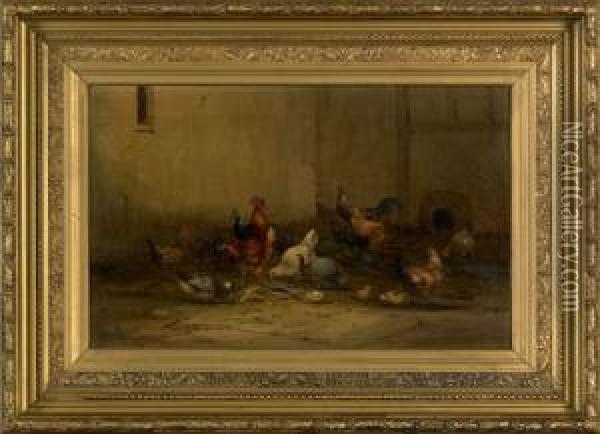 Barnscene With Chickens Oil Painting - Jean Baptiste Antoine Guillemet