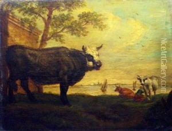 Schwarzer Stier Und Kuhe Auf Der Weide, Am Horizont Eine Stadtsilhouette Oil Painting - Paulus Potter
