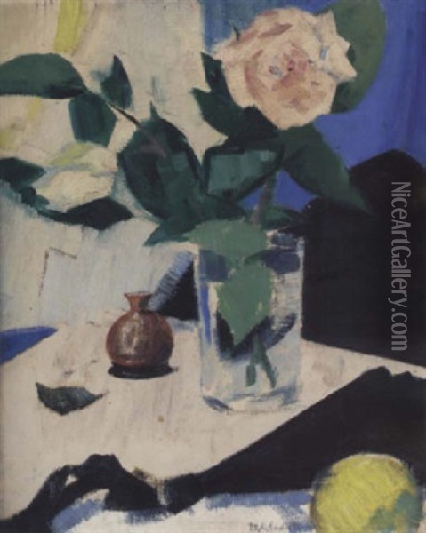 Still Life With Roses, Black Fan And Lemon Oil Painting - Francis Campbell Boileau Cadell