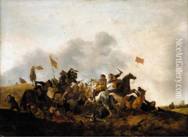 A Cavalry Skirmish With A Village In The Distance Oil Painting - Pieter Wouwermans or Wouwerman