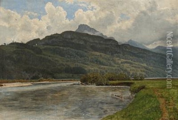 A Storm Approaching In Brunnen, Switzerland Oil Painting - Janus la Cour