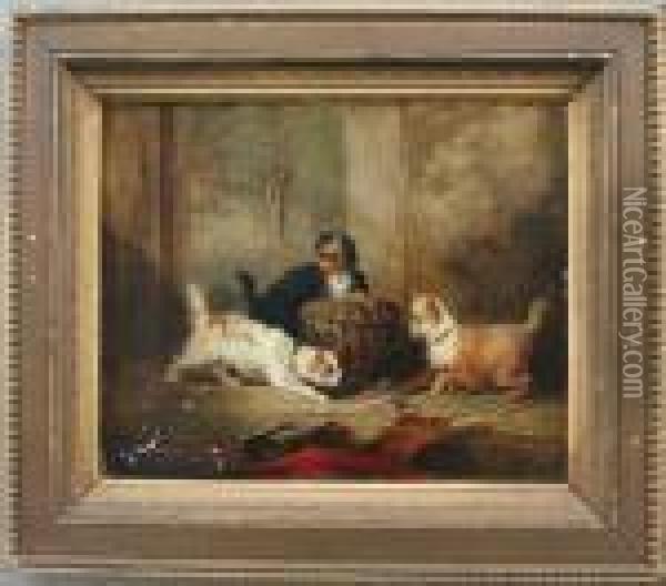3 Terriers Ratting Oil Painting - George Armfield