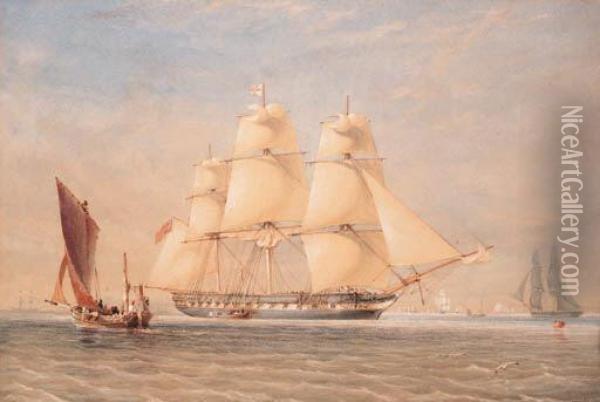 A Blackwall Frigate Getting Underway In The Downs Oil Painting - Thomas Sewell Robins