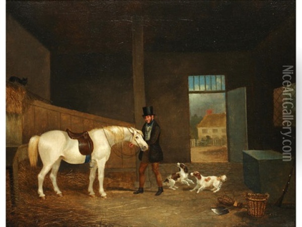 In The Stable Oil Painting - Augustus S. Boult