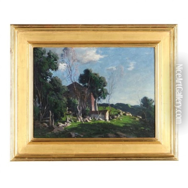 Farm On The Hillside, Lyme Oil Painting - George Matthew Bruestle