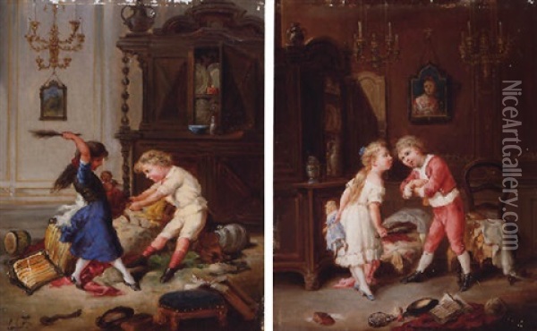 Interieurszene Mit Spielenden Kindern Oil Painting - Francois-Louis Lanfant