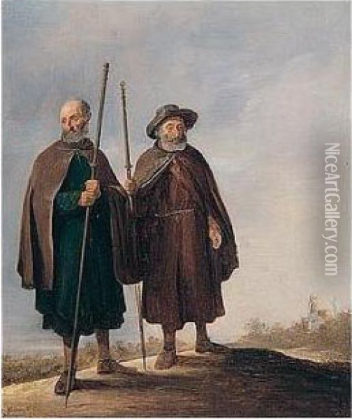 Two Pilgrims In An Open Landscape Oil Painting - David The Younger Teniers