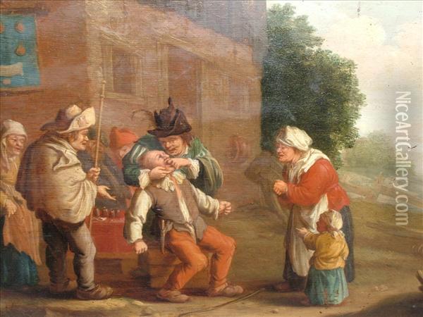 Ostade, Peasants Outsidea Tavern; A Tooth-puller Ast Work Outside A Tavern Oil Painting - Adriaen Jansz. Van Ostade