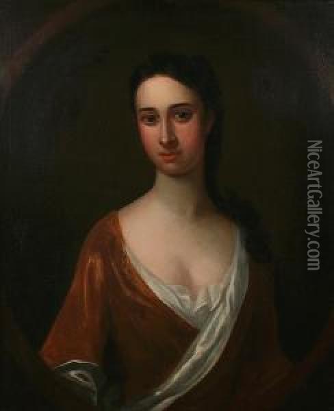 Portrait Of A Lady, Half Length,
 Believed To Be Mary Verney, Wearing Brown Gown, Within A Painted Oval Oil Painting - Enoch Seeman