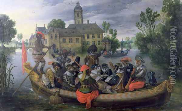 The Boating Party, Satirical Scene with Cats and Monkeys as Humans Oil Painting - Sebastien Vrancx