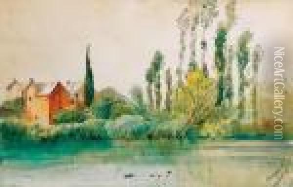 Lakeside With Poplars Oil Painting - Laszlo Mednyanszky