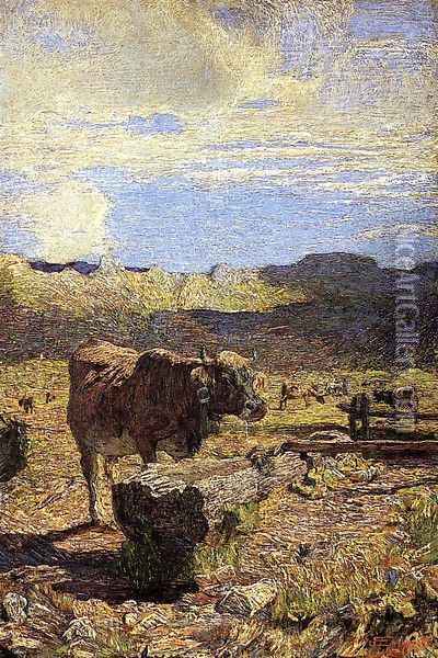 Cow at a Water Trough Oil Painting - Giovanni Segantini