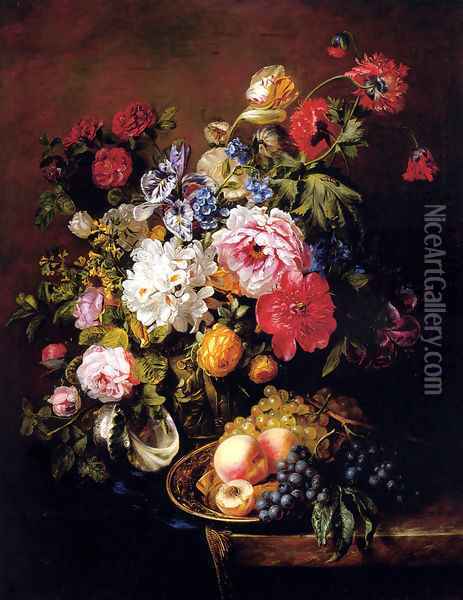 Roses, Peonies, Poppies, Tulips And Syringa In A Terracotta Pot With Peaches And Grapes On A Copper Ewer On A Draped Marble Ledge Oil Painting - Adriana-Johanna Haanen