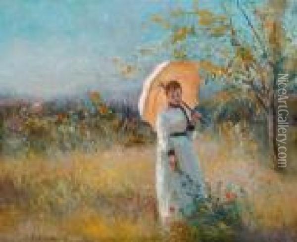 Lady With A Parasol. Oil Painting - Ivan Pavlovich Pokhitonov