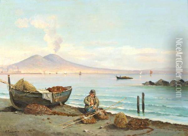 Pescatorello Sulla Spiaggia Davanti Al Vesuvio Oil Painting - Vittorio Capessiero