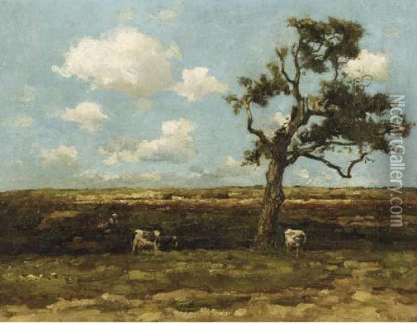 De Eik: Cows By An Oak Tree In A Landscape Oil Painting - Willem de Zwart