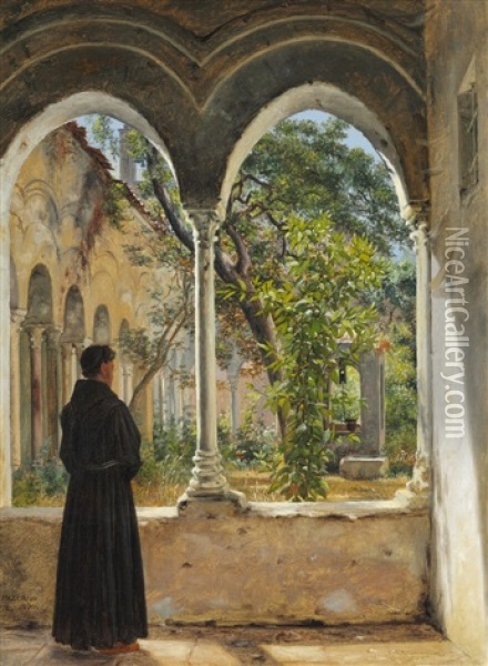 A Cloister In Palermo With A Franciscan Monk Oil Painting - Martinus Christian Wesseltoft Rorbye