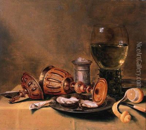Oysters On A Pewter Plate, An Upturned Cup And Cover, A Roemer Anda Silver Salt On A Draped Table Oil Painting - Gerrit Willemsz. Heda