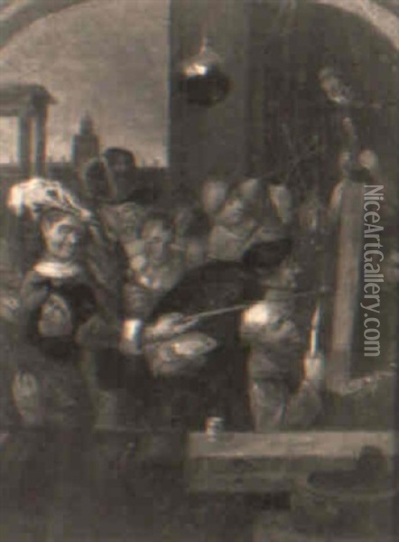 An Artist Working By Candlelight Observed By A Jester And Villagers Oil Painting - Richard Brakenburg