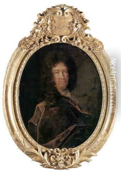 Portrait D'homme A La Lavalliere Brodee Et A La Draperie Rouge Oil Painting - Hyacinthe Rigaud