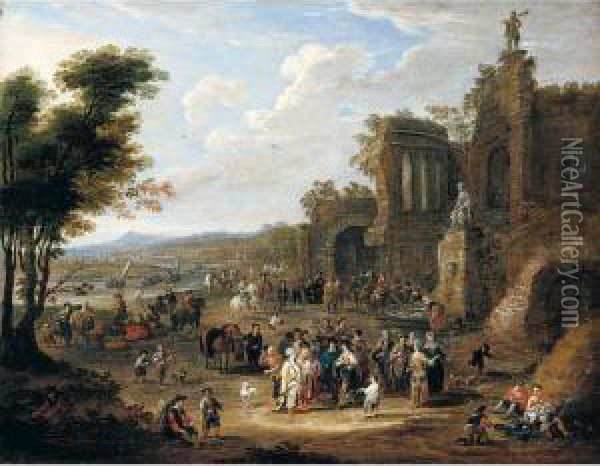 A River Landscape With Orientals And Locals Conversing Before A Set Of Ruins Oil Painting - Mattijs Schoevaerdts