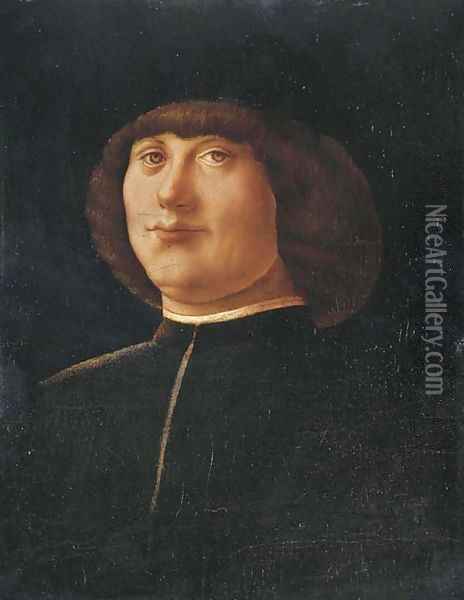 Portrait of a gentleman, bust-length, in a black coat and black cap Oil Painting - Alvise Vivarini
