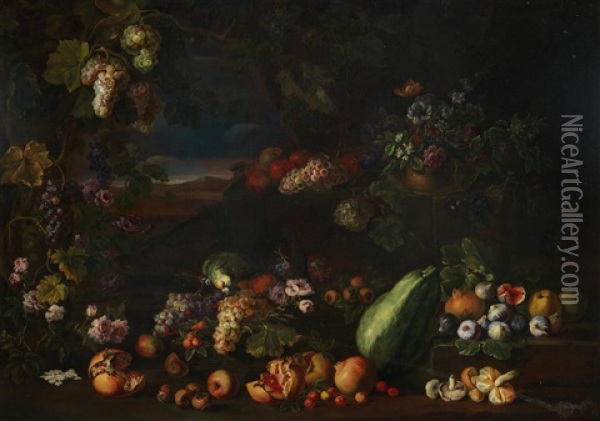 Pomegranates, Figs, Grapes And Other Fruit On A Forest Floor Oil Painting - Giovanni Battista Ruoppolo