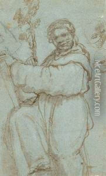 Recto:st Anthony Of Padua And Two Sketches Of A Head Verso:two Studies Of An Arm Oil Painting - Nicolo Martinelli Da Pesaro Il Trometta