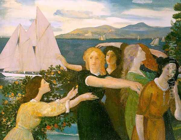 Across the Harbor 1908 Oil Painting - Arthur Bowen Davies