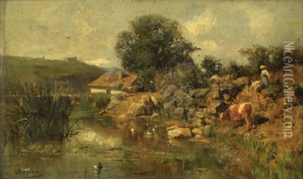 Bord De Riviere Avec Femme Et Vache Oil Painting - Adolphe Appian