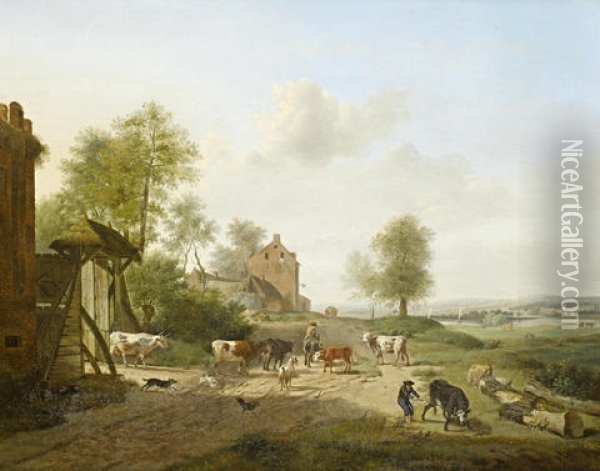 Peasants Grazing Their Cattle In An Open River Landscape Oil Painting - Henri-Joseph Antonissen