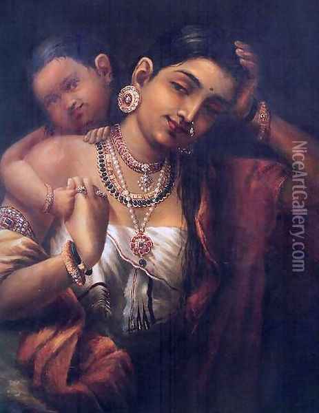 Yasodha and Krishna Oil Painting - Raja Ravi Varma