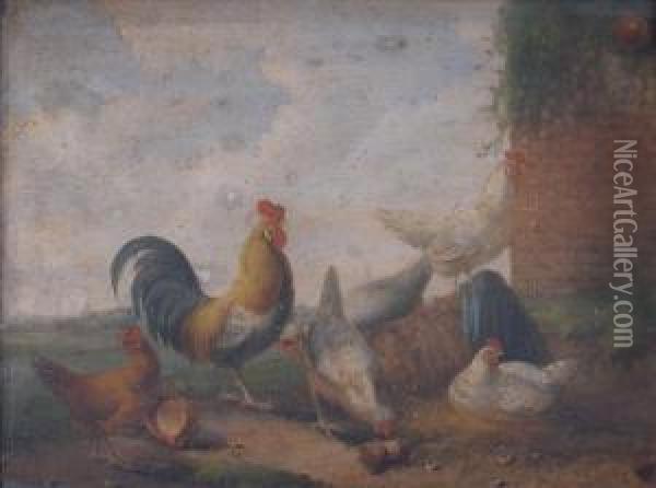 Acockerel And Hens In A Farmyard Oil Painting - Johannes Marinus Azn Verhoesen