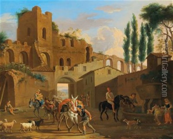 Horsemen And Washerwomen At A Well Near An Aqueduct Oil Painting - Jacob De Heusch
