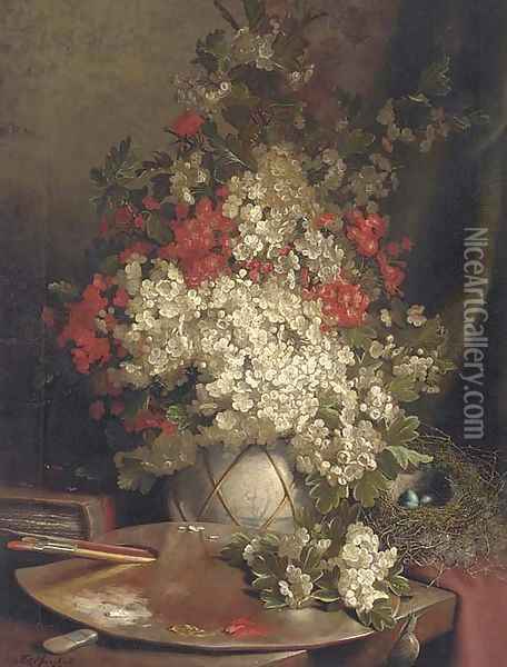 The artist's palette, with a still life of May blossom in a vase, a book and a bird's nest beyond Oil Painting - John Fitz Marshall