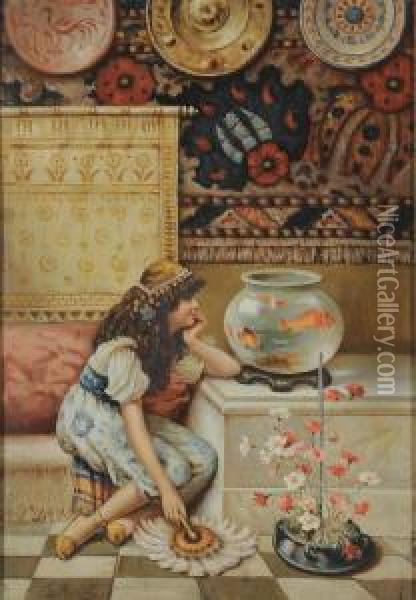 Bambina Con Pesci Ol Oil Painting - Giovanni Muzzioli