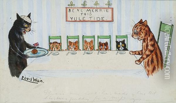 Please Mum, Cook Has Made A Fine Art Chritsmas Pudding For A Surprise Oil Painting - Louis William Wain