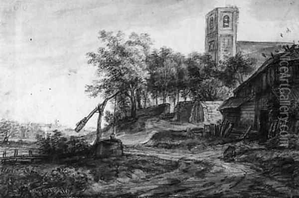 View of a village road with a well by a church Oil Painting - Simon De Vlieger