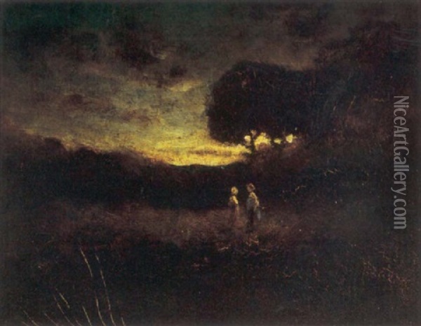 Two Figures In A Landscape At Sunset Oil Painting - William Keith