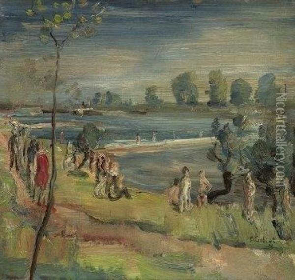 Swimmers By The River. 1930 Oil Painting - Bernhard Gobiet