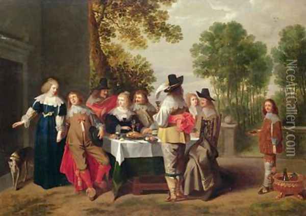 Elegant Company seated at a Table in a Formal Garden Oil Painting - Christoffel Jacobsz van der Lamen