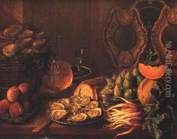 A Still Life Of A Basket Of Oysters, Peaches, A Caraffe Of Wine, A Plate Of Schucked Oysters, Bread, A Salt Cellar, A Plate Of Figs, A Melon, Radishes, A Covered Wine Glass And Gilt Plates Oil Painting - Nicolas Desportes