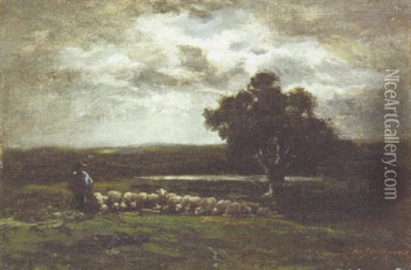 Shepherd And His Flock At Moonlight Oil Painting - Charles Emile Jacque