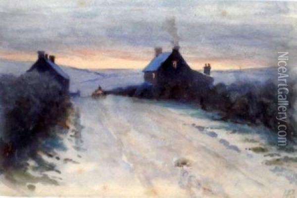 Rural Street Scene In Winter Oil Painting - Henry Pilleau