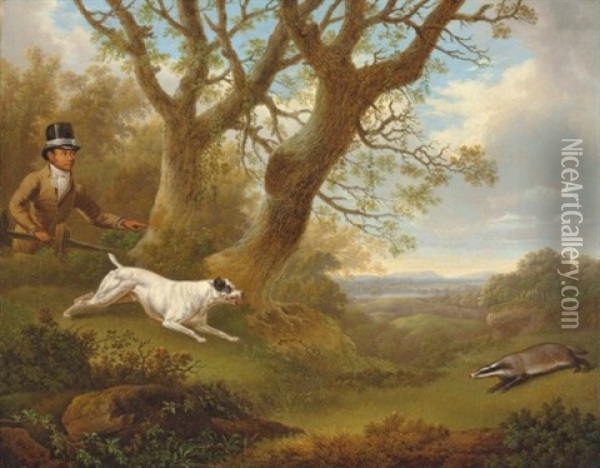 A Bull Terrier Approaching A Badger, With A Servant Looking On, In A Landscape Oil Painting - Charles Towne